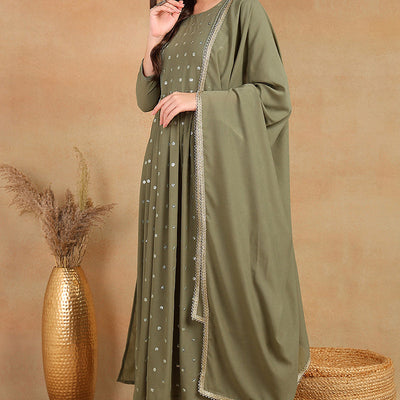 Olive Green Georgette Solid Embroidered Straight Palazzo Bottom Suit Set PKSKD2521OLV