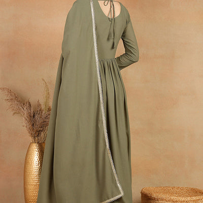 Olive Green Georgette Solid Embroidered Straight Palazzo Bottom Suit Set PKSKD2521OLV