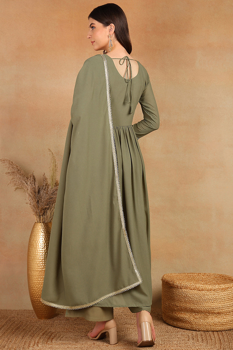 Olive Green Georgette Solid Embroidered Straight Palazzo Bottom Suit Set PKSKD2521OLV