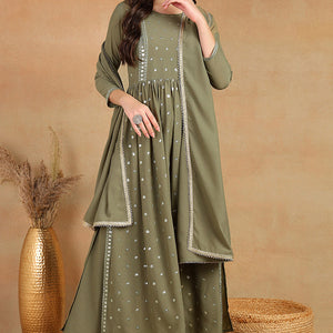 Olive Green Georgette Solid Embroidered Straight Palazzo Bottom Suit Set PKSKD2521OLV