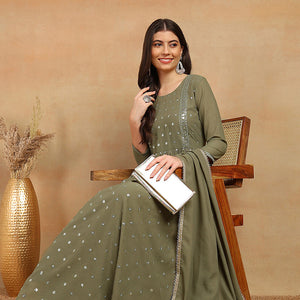 Olive Green Georgette Solid Embroidered Straight Palazzo Bottom Suit Set PKSKD2521OLV