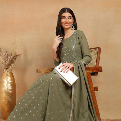 Olive Green Georgette Solid Embroidered Straight Palazzo Bottom Suit Set PKSKD2521OLV