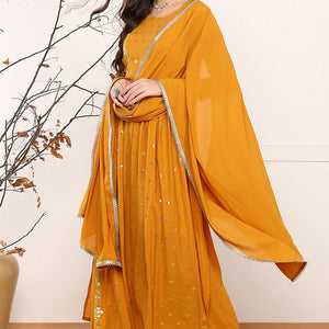 Mustard Yellow Georgette Solid Embroidered Straight Palazzo Suit Set PKSKD2521YLW