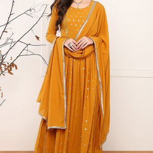 Mustard Yellow Georgette Solid Embroidered Straight Palazzo Suit Set PKSKD2521YLW