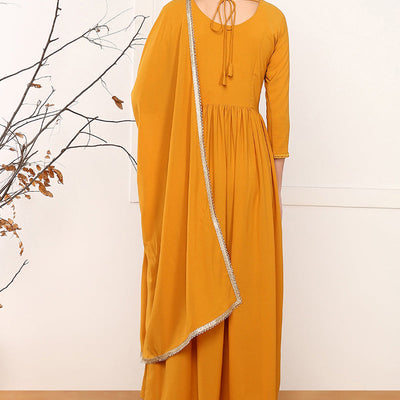 Mustard Yellow Georgette Solid Embroidered Straight Palazzo Suit Set PKSKD2521YLW