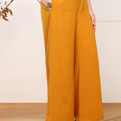 Mustard Yellow Georgette Solid Embroidered Straight Palazzo Suit Set PKSKD2521YLW