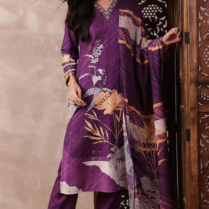 Purple Rayon Blend Floral Printed Straight Trouser Bottom Suit Set PKSKD2536PPL