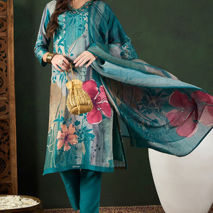Teal Rayon Blend Floral Printed Straight Trouser Bottom Suit Set PKSKD2538TIL