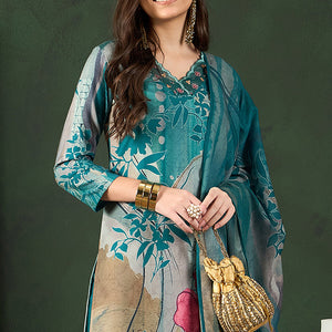 Teal Rayon Blend Floral Printed Straight Trouser Bottom Suit Set PKSKD2538TIL