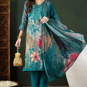 Teal Rayon Blend Floral Printed Straight Trouser Bottom Suit Set PKSKD2538TIL