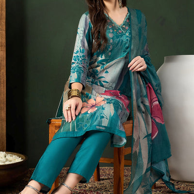 Teal Rayon Blend Floral Printed Straight Trouser Bottom Suit Set PKSKD2538TIL