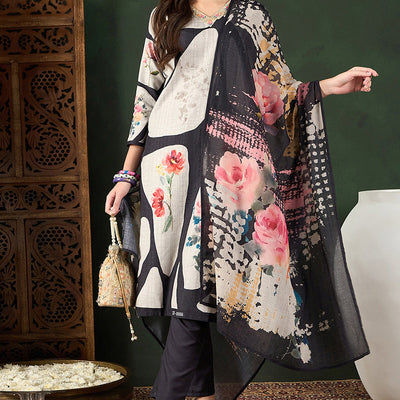 Black Rayon Blend Floral Printed Straight Trouser Bottom Suit Set PKSKD2539BLK