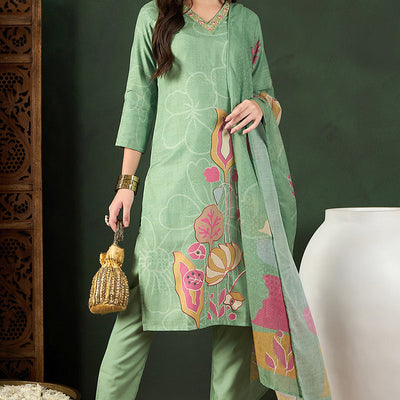 Green Rayon Blend Floral Printed Straight Trouser Bottom Suit Set PKSKD2540GRN