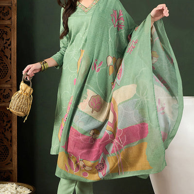 Green Rayon Blend Floral Printed Straight Trouser Bottom Suit Set PKSKD2540GRN