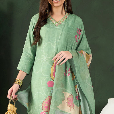 Green Rayon Blend Floral Printed Straight Trouser Bottom Suit Set PKSKD2540GRN