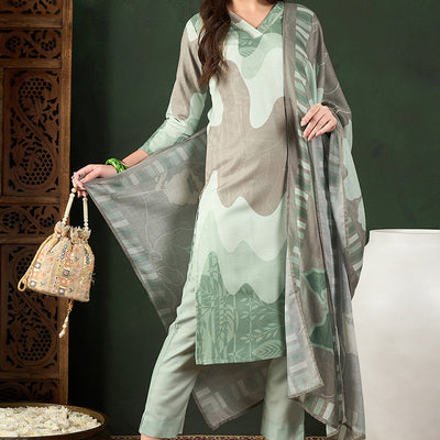 Green Rayon Blend Abstract Printed Straight Trouser Bottom Suit Set PKSKD2541GRN