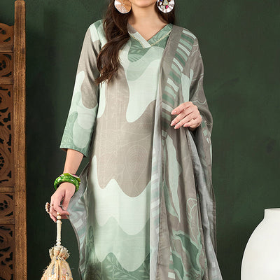 Green Rayon Blend Abstract Printed Straight Trouser Bottom Suit Set PKSKD2541GRN