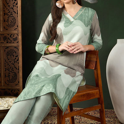 Green Rayon Blend Abstract Printed Straight Trouser Bottom Suit Set PKSKD2541GRN