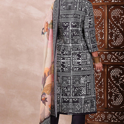 Black Rayon Blend Geometric Printed Straight Trouser Bottom Suit Set PKSKD2542BLK