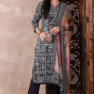 Black Rayon Blend Geometric Printed Straight Trouser Bottom Suit Set PKSKD2542BLK