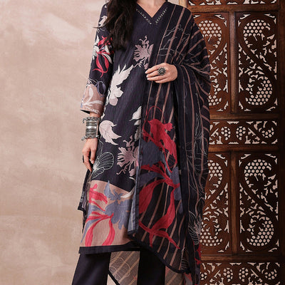 Black Rayon Blend Floral Printed Straight Trouser Bottom Suit Set PKSKD2543BLK