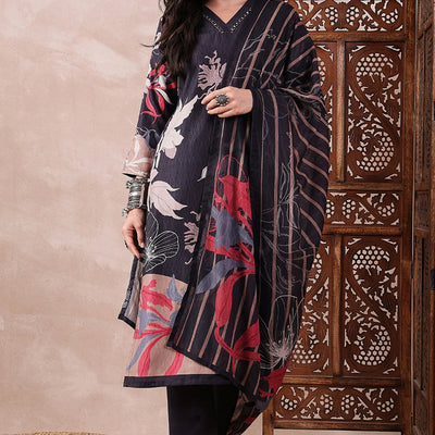 Black Rayon Blend Floral Printed Straight Trouser Bottom Suit Set PKSKD2543BLK