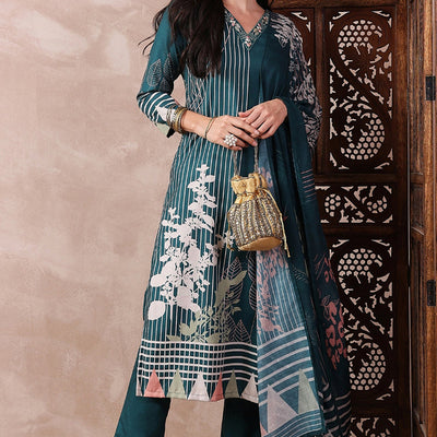 Teal Blue Rayon Blend Abstract Printed Straight Trouser Bottom Suit Set PKSKD2547TIL