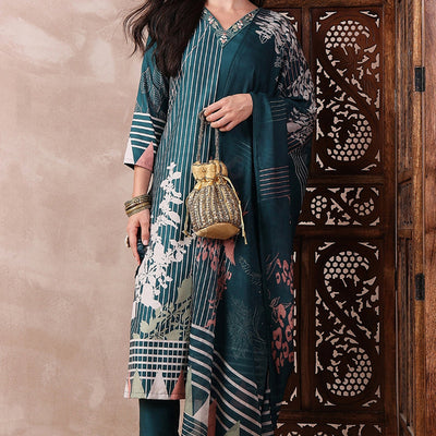 Teal Blue Rayon Blend Abstract Printed Straight Trouser Bottom Suit Set PKSKD2547TIL
