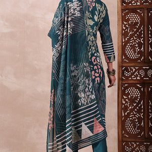 Teal Blue Rayon Blend Abstract Printed Straight Trouser Bottom Suit Set PKSKD2547TIL