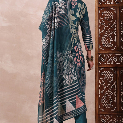 Teal Blue Rayon Blend Abstract Printed Straight Trouser Bottom Suit Set PKSKD2547TIL