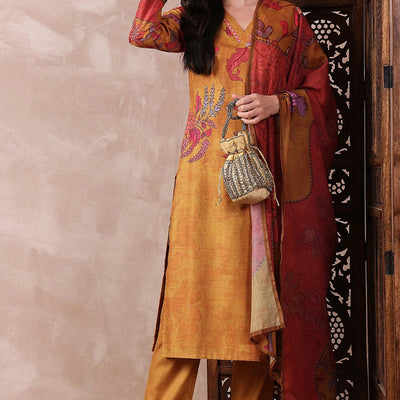 Mustard Rayon Blend Floral Printed Straight Trouser Bottom Suit Set PKSKD2548YLW