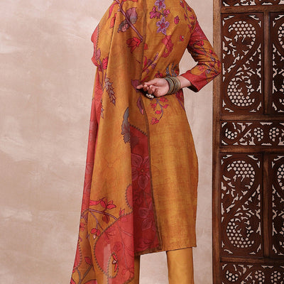 Mustard Rayon Blend Floral Printed Straight Trouser Bottom Suit Set PKSKD2548YLW