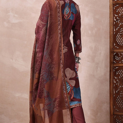 Brown Rayon Blend Floral Printed Straight Trouser Bottom Suit Set PKSKD2552BRN