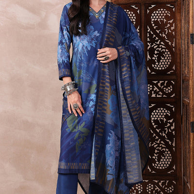 Blue Rayon Blend Floral Printed Straight Trouser Bottom Suit Set PKSKD2555BLU