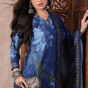 Blue Rayon Blend Floral Printed Straight Trouser Bottom Suit Set PKSKD2555BLU