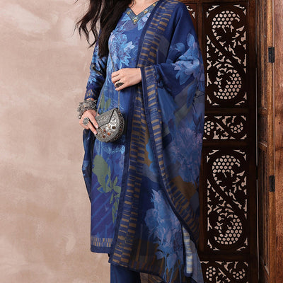 Blue Rayon Blend Floral Printed Straight Trouser Bottom Suit Set PKSKD2555BLU