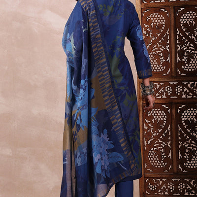 Blue Rayon Blend Floral Printed Straight Trouser Bottom Suit Set PKSKD2555BLU