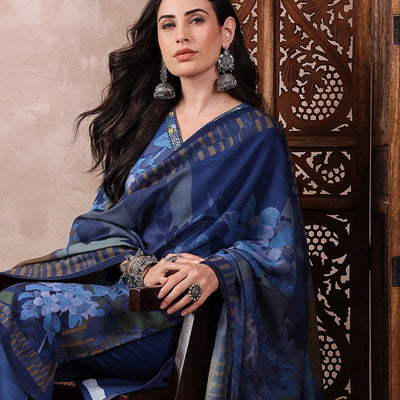 Blue Rayon Blend Floral Printed Straight Trouser Bottom Suit Set PKSKD2555BLU