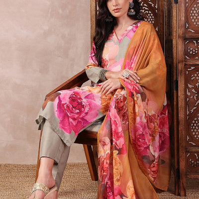 Olive Green Rayon Blend Floral Printed Straight Trouser Bottom Suit Set PKSKD2556OLV