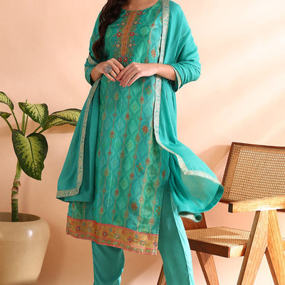 Sea Green Silk Blend Ethnic Motifs Woven Design Straight Trouser Bottom Suit Set PKSKD2581