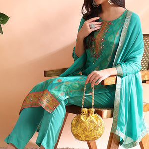 Sea Green Silk Blend Ethnic Motifs Woven Design Straight Trouser Bottom Suit Set PKSKD2581