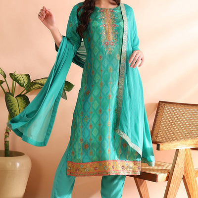Sea Green Silk Blend Ethnic Motifs Woven Design Straight Trouser Bottom Suit Set PKSKD2581