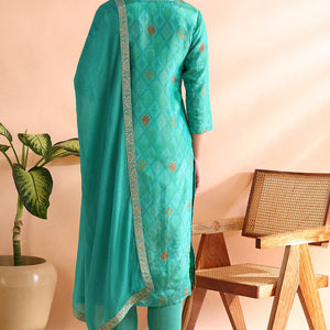 Sea Green Silk Blend Ethnic Motifs Woven Design Straight Trouser Bottom Suit Set PKSKD2581