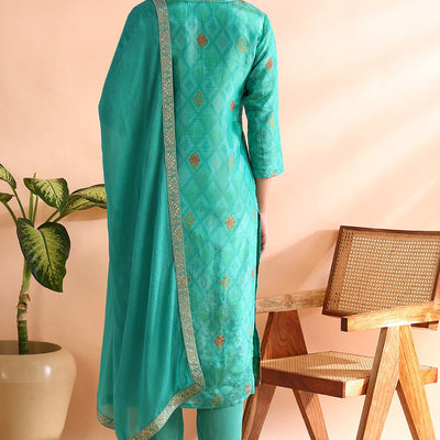 Sea Green Silk Blend Ethnic Motifs Woven Design Straight Trouser Bottom Suit Set PKSKD2581