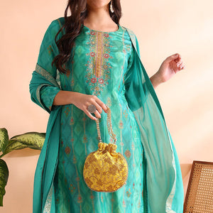 Sea Green Silk Blend Ethnic Motifs Woven Design Straight Trouser Bottom Suit Set PKSKD2581