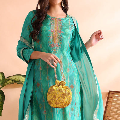 Sea Green Silk Blend Ethnic Motifs Woven Design Straight Trouser Bottom Suit Set PKSKD2581