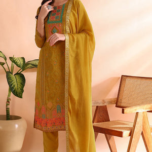 Mustard Yellow Silk Blend Abstract Woven Design Straight Trouser Bottom Suit Set PKSKD2583