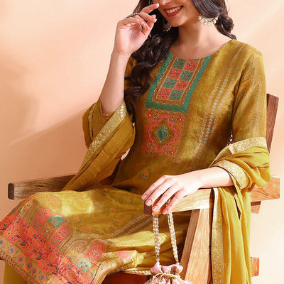 Mustard Yellow Silk Blend Abstract Woven Design Straight Trouser Bottom Suit Set PKSKD2583