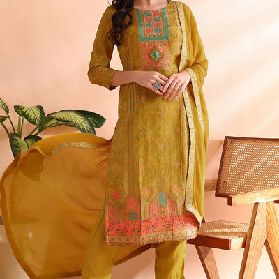 Mustard Yellow Silk Blend Abstract Woven Design Straight Trouser Bottom Suit Set PKSKD2583