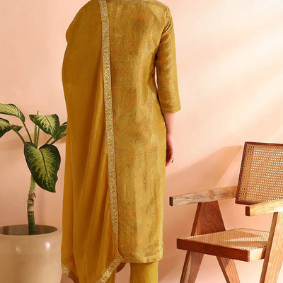 Mustard Yellow Silk Blend Abstract Woven Design Straight Trouser Bottom Suit Set PKSKD2583